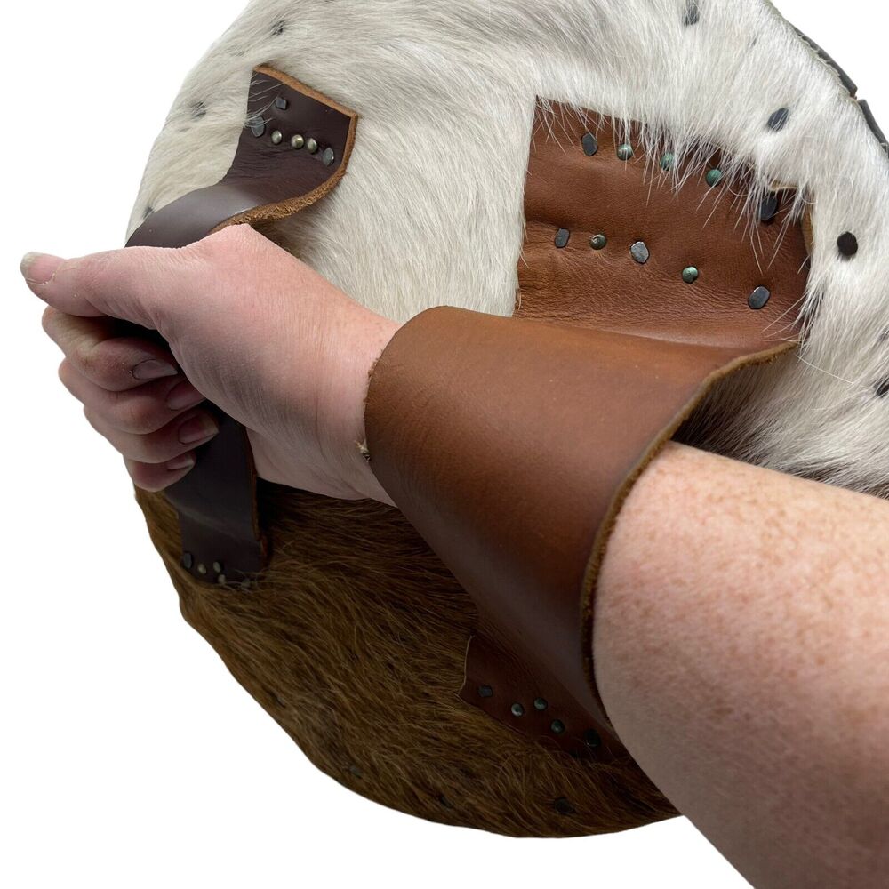 VIking Shield Hand Made Round Covered in Leather, Fabric, Calf Skin, Nail Detail - Picture 3 of 10